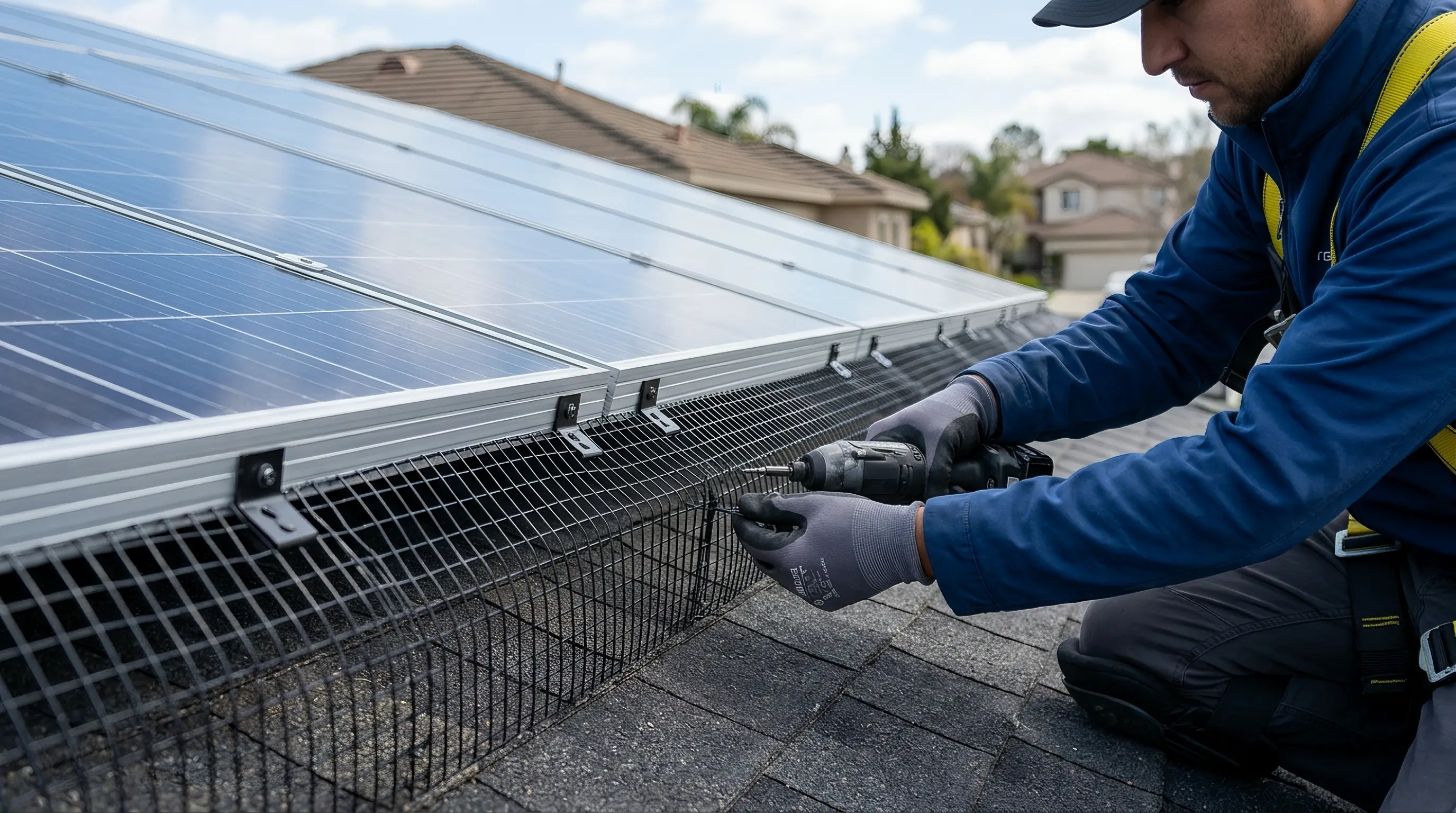Installing bird-proofing mesh under solar panels
