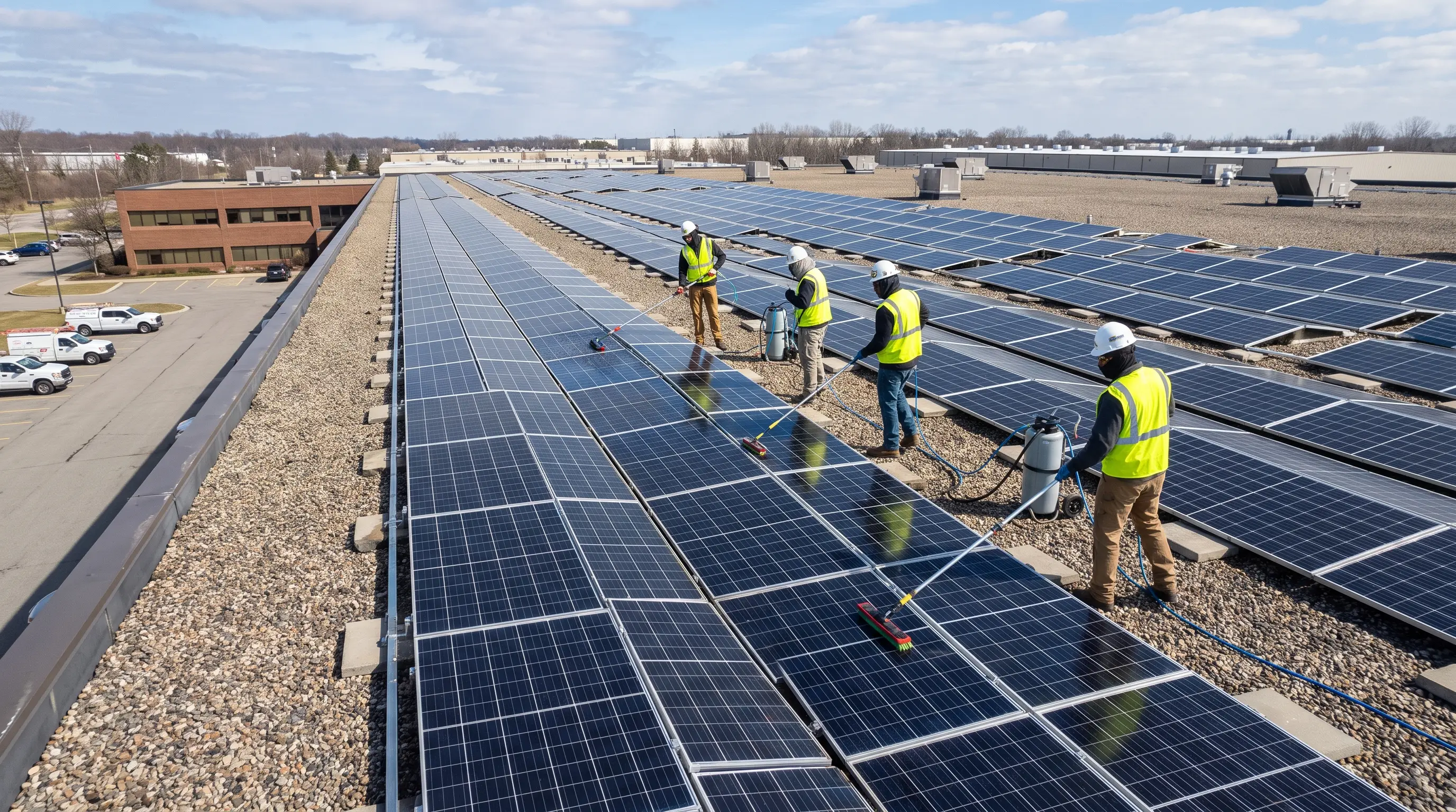 Crew servicing a large commercial rooftop solar array
