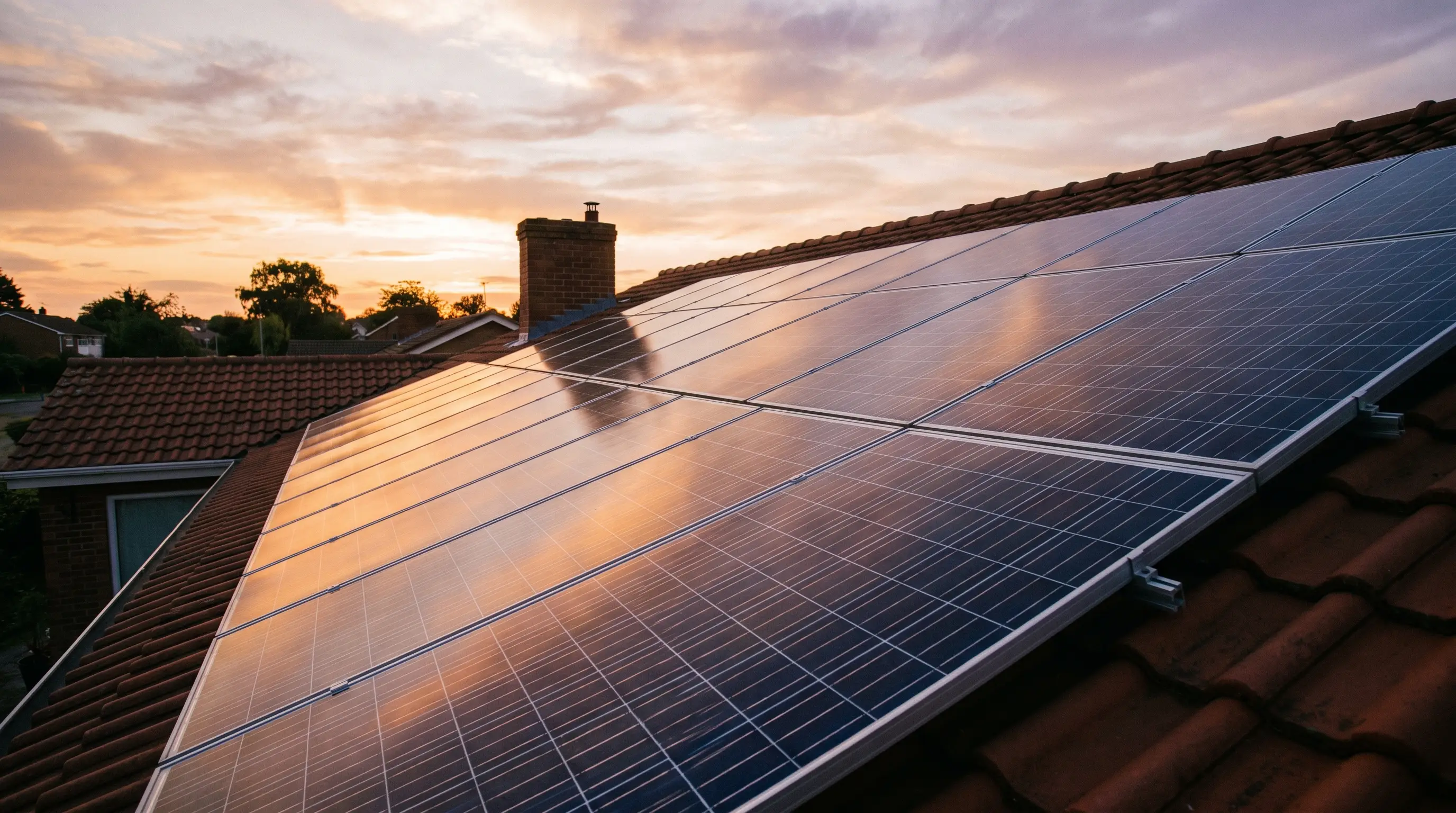 Clean solar panels on a residential rooftop at golden hour