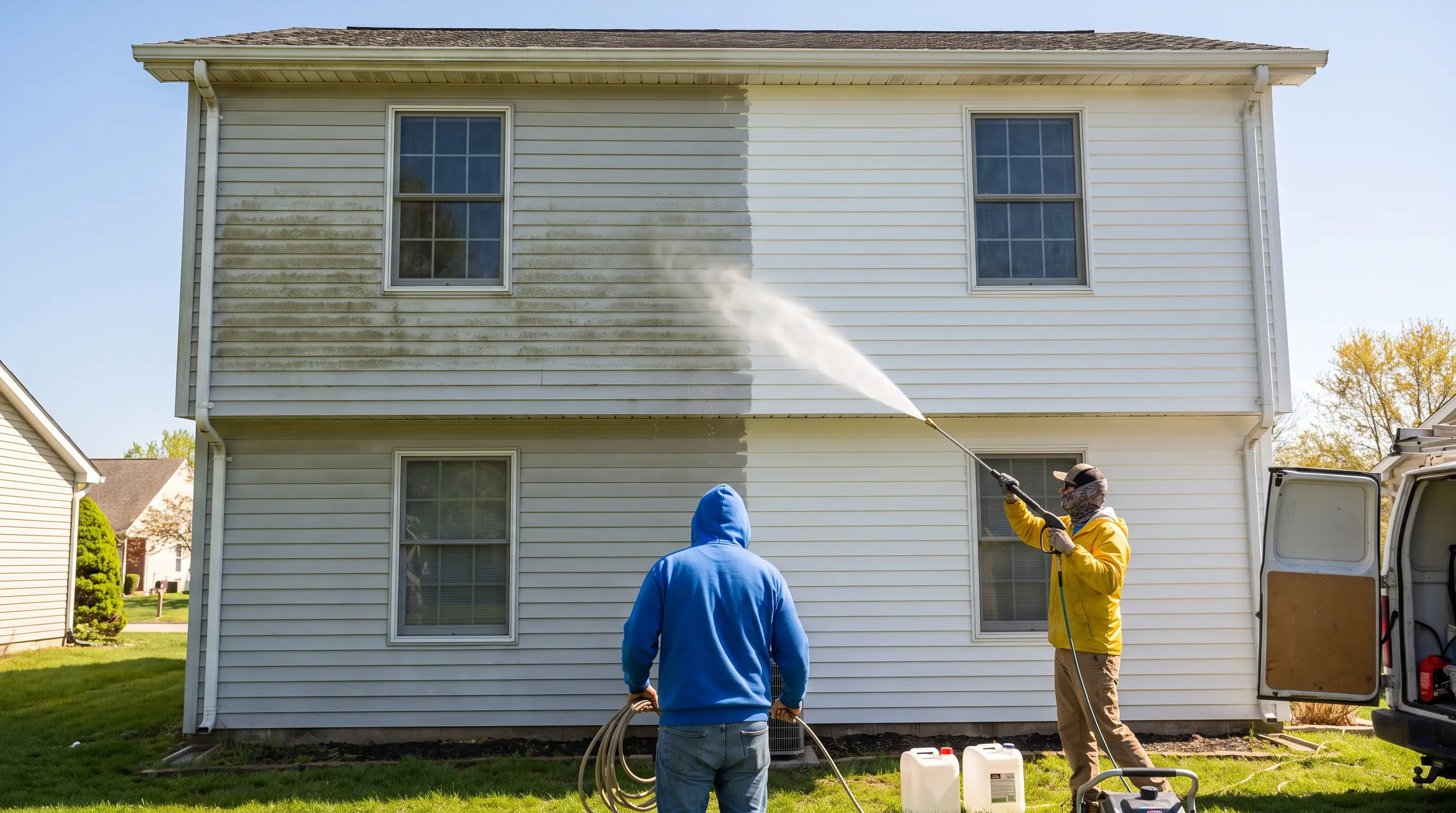 Crew pressure washing a home exterior