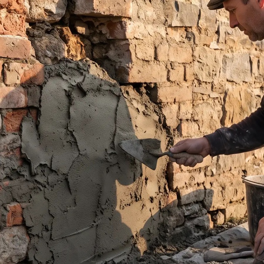 Mason tuckpointing a brick wall
