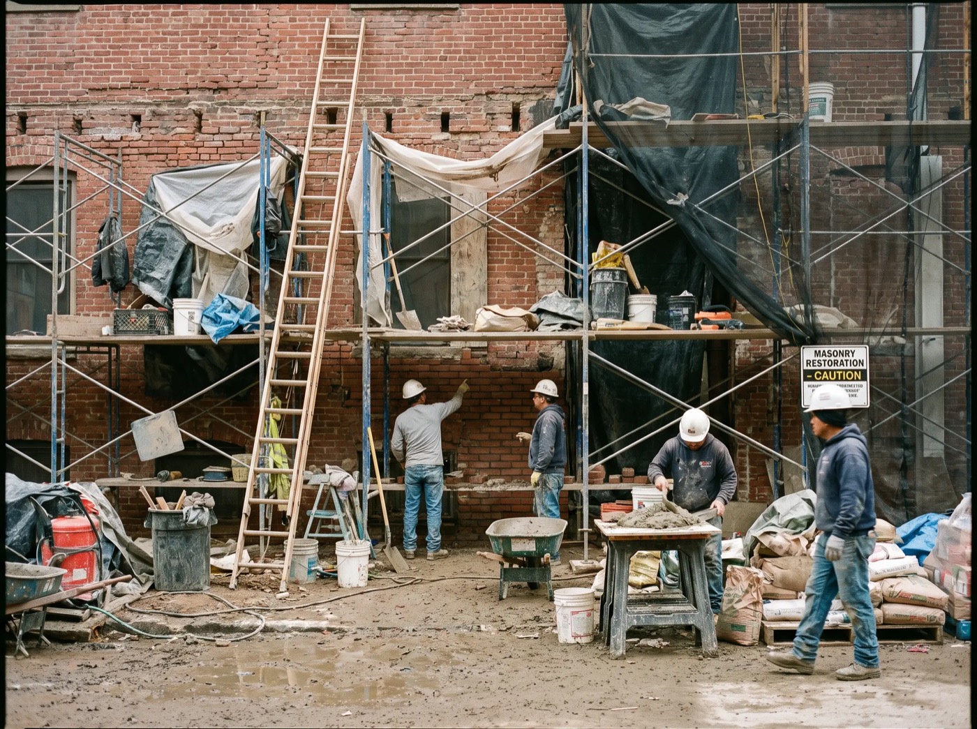 Masonry restoration crew working scaffolding on a brick building