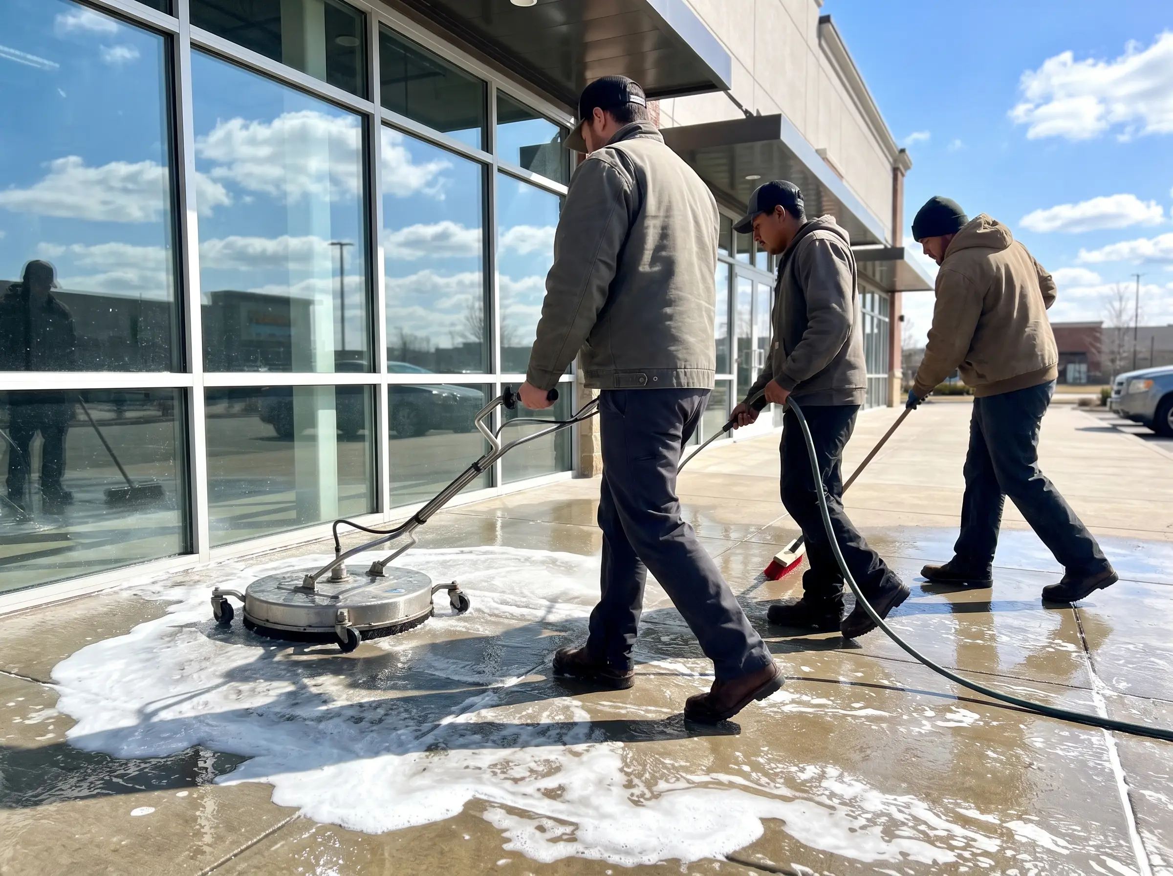 Crew pressure washing a driveway