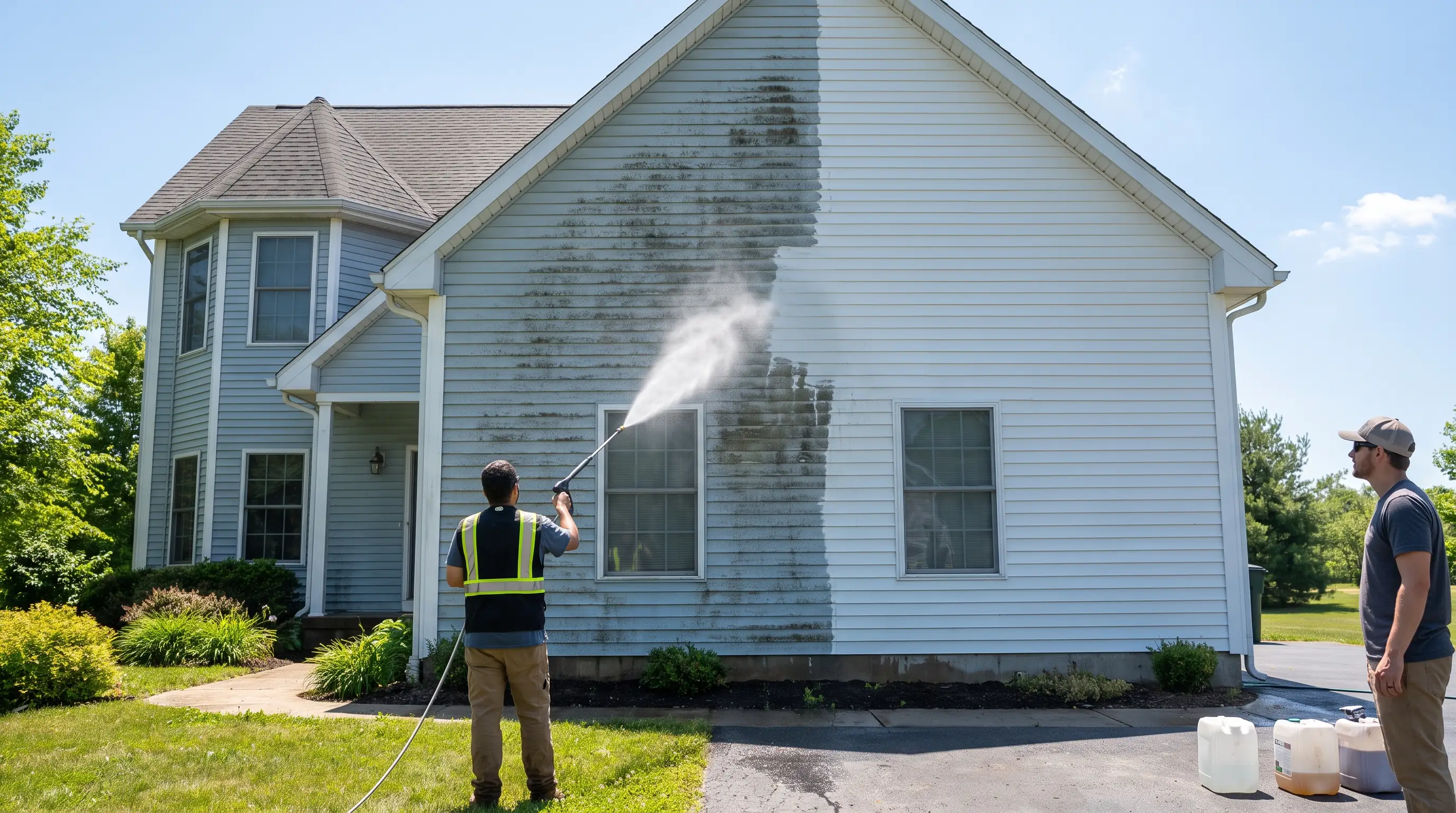 Crew pressure washing a home exterior