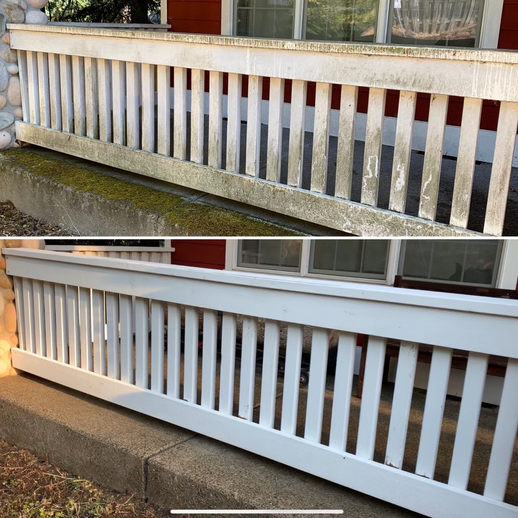 Before and after of a soft-washed railing