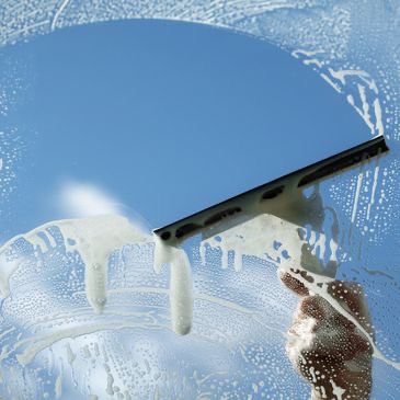 Streak-free residential window cleaning against a blue sky