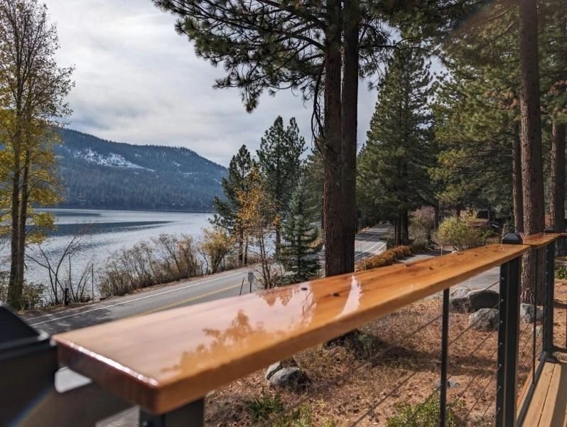 Freshly cleaned wood deck railing