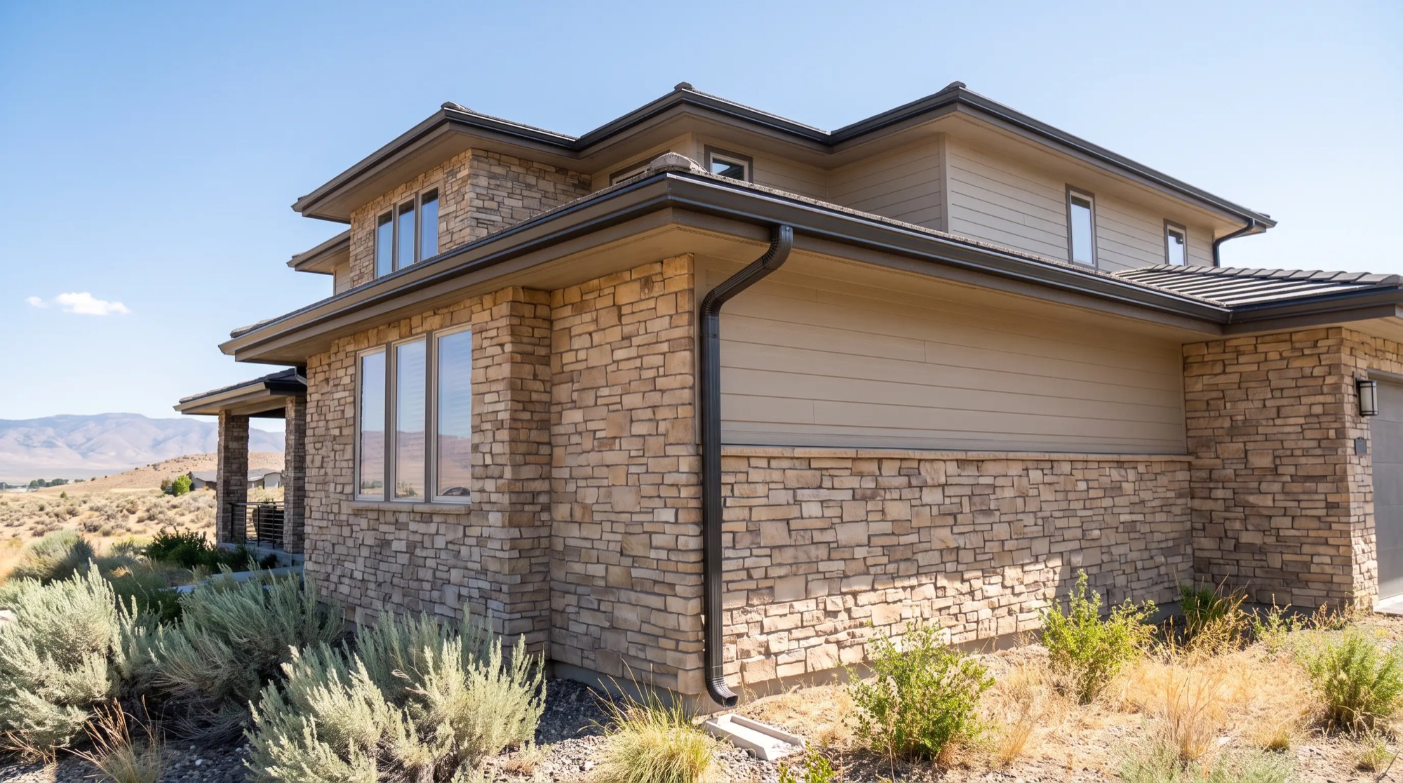 Clean gutters and downspout on a home roofline near Reno