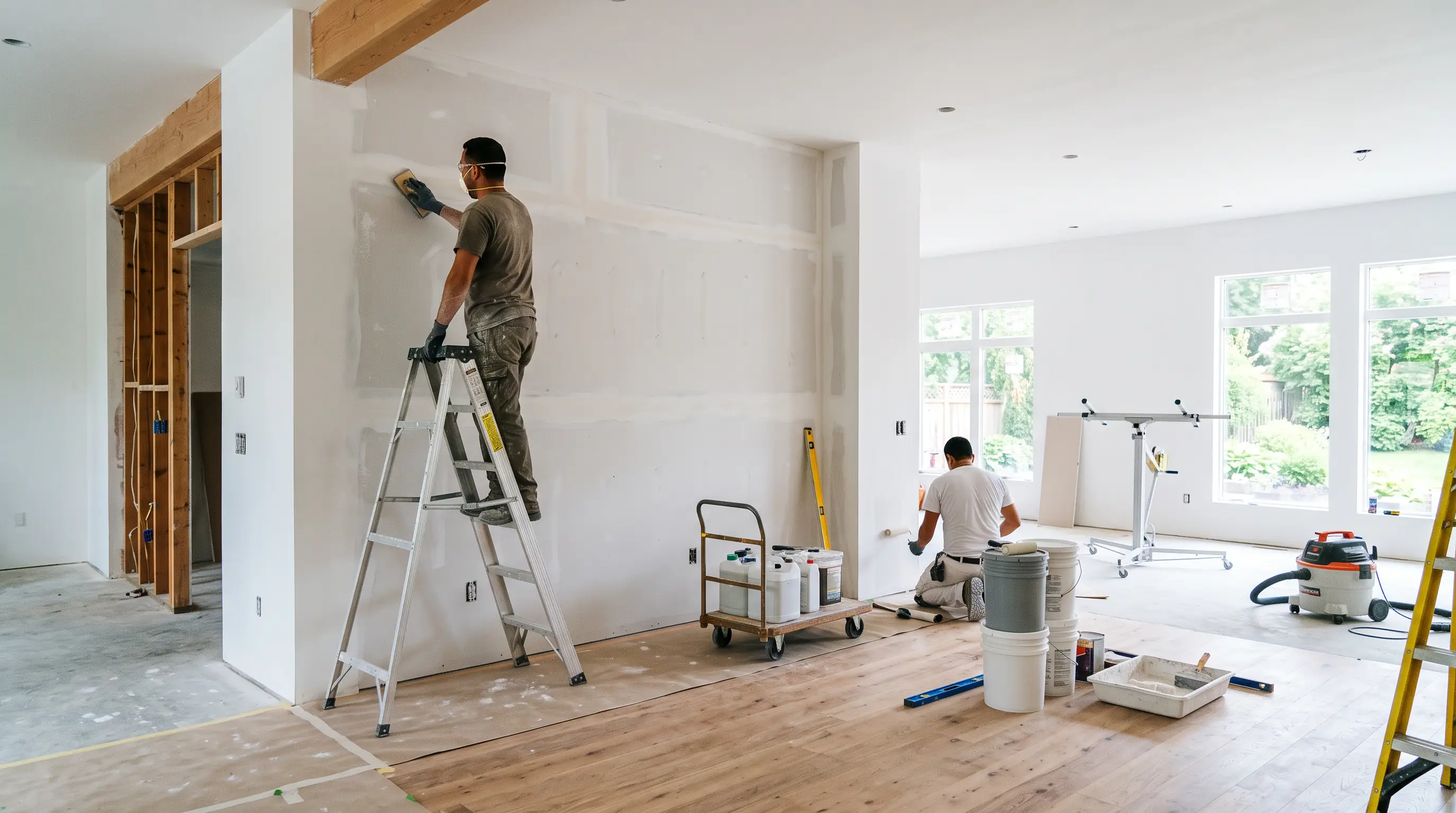 Plastering crew floating a stucco wall on site