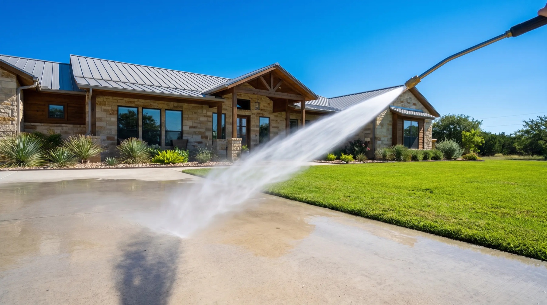 Pressure washing a clean driveway in front of a San Antonio home