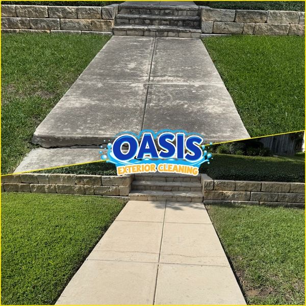 Concrete walkway cleaned by Oasis Exterior Cleaning