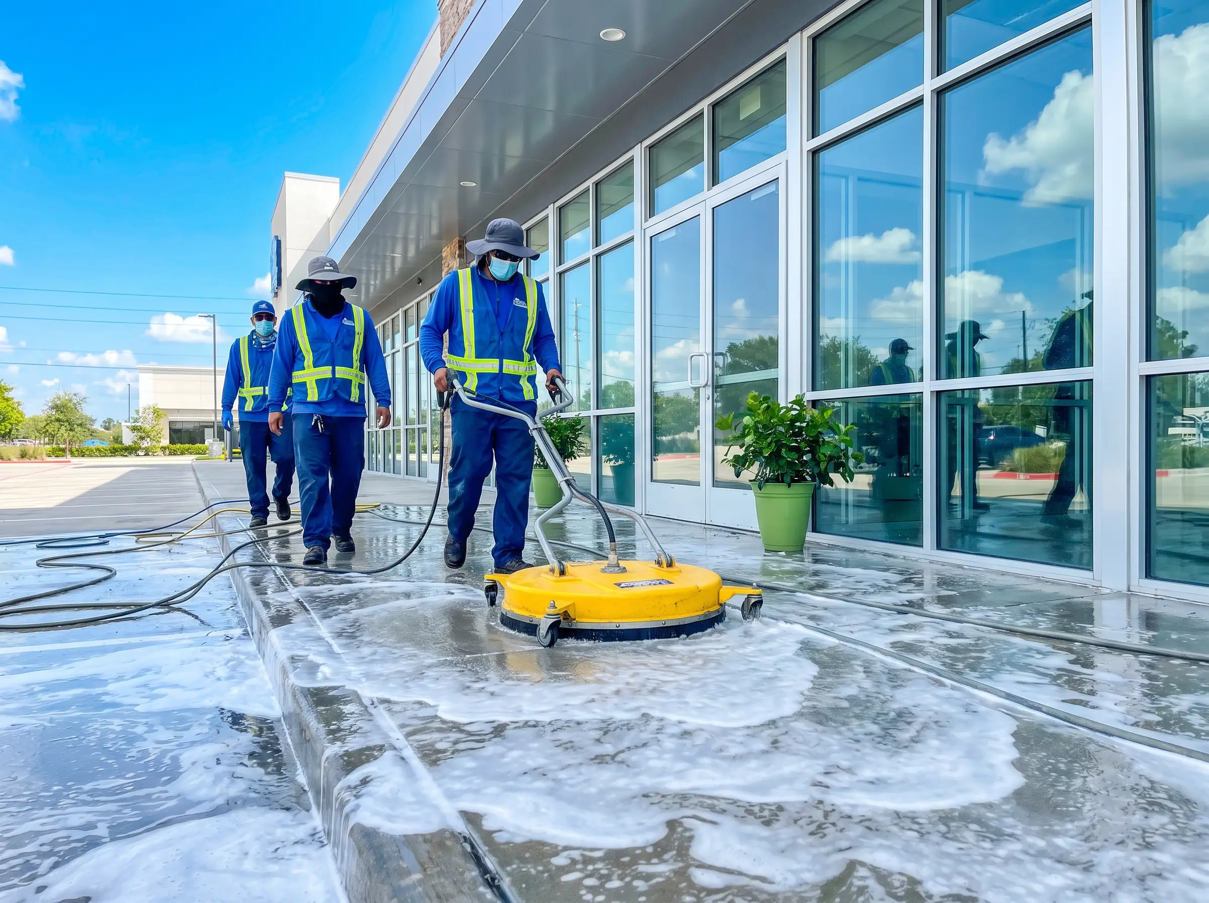 Crew washing a home exterior
