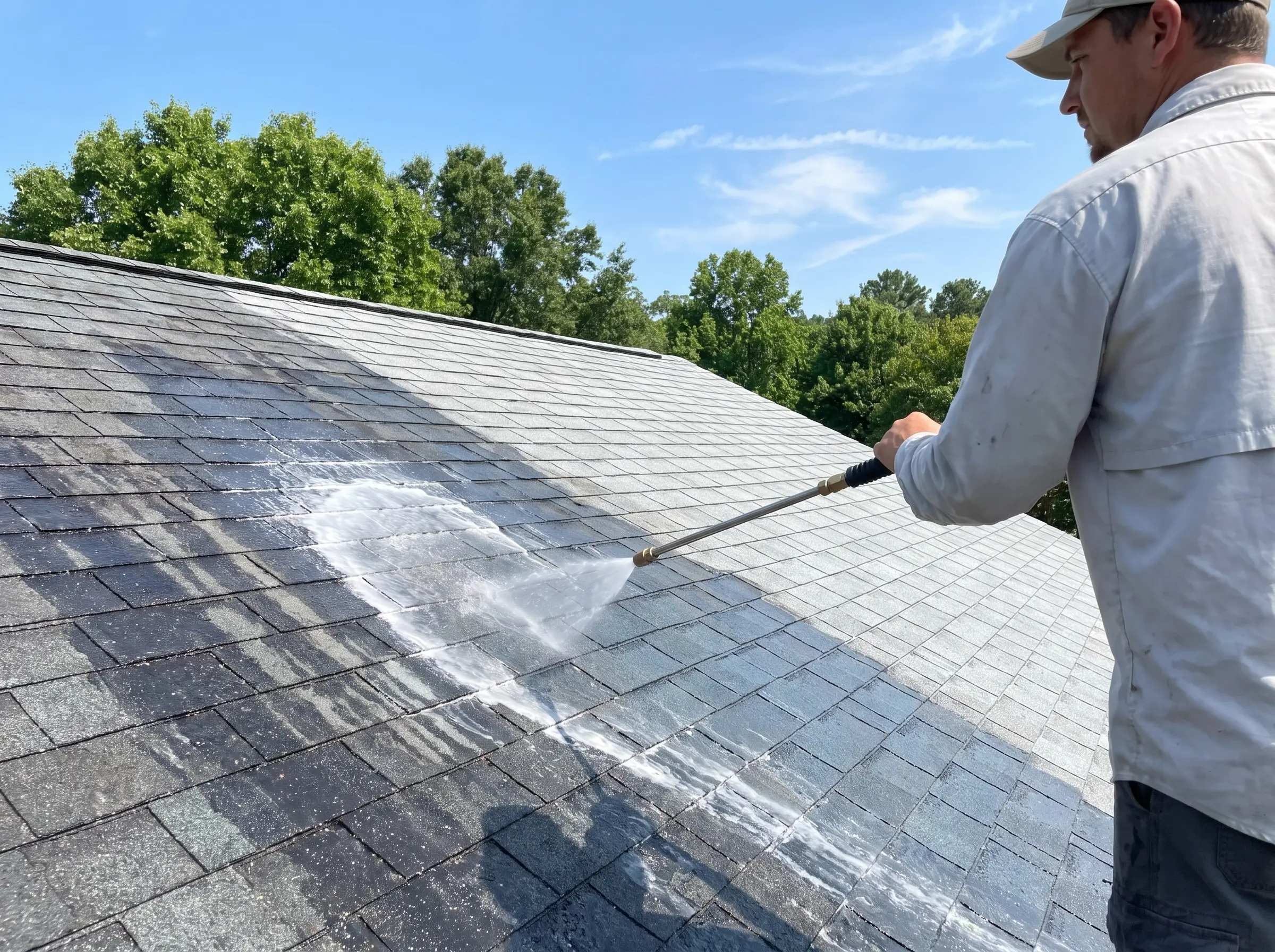 Soft wash roof cleaning