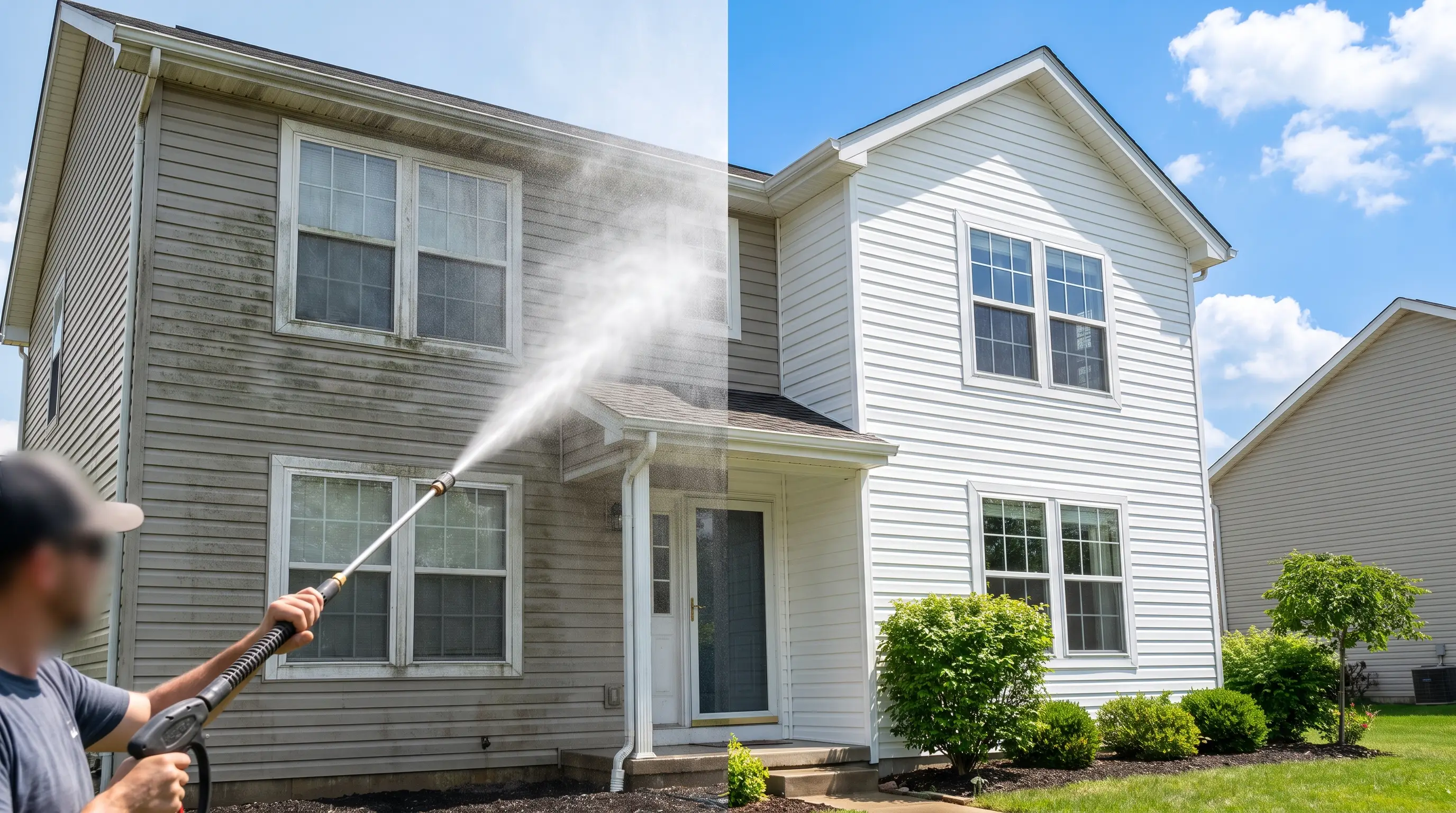 Crew soft washing a home exterior