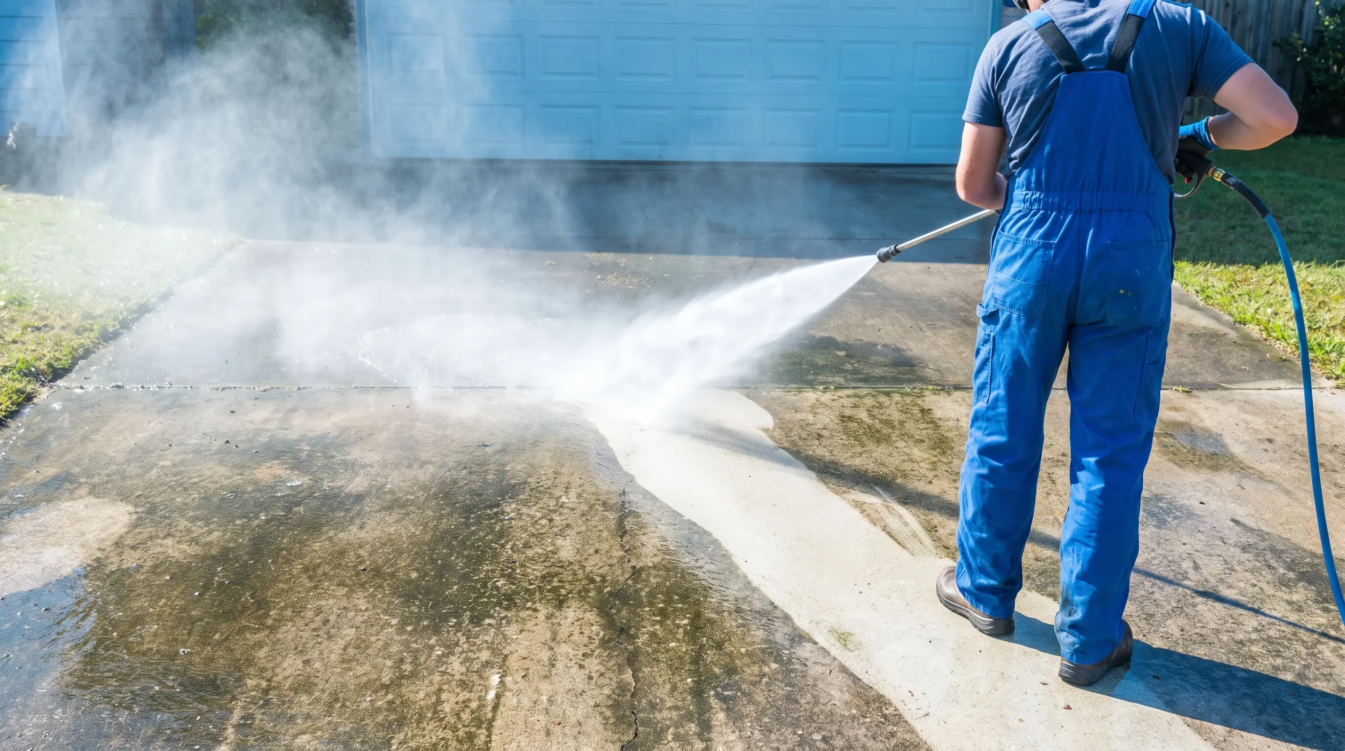 Pressure washing crew cleaning a driveway