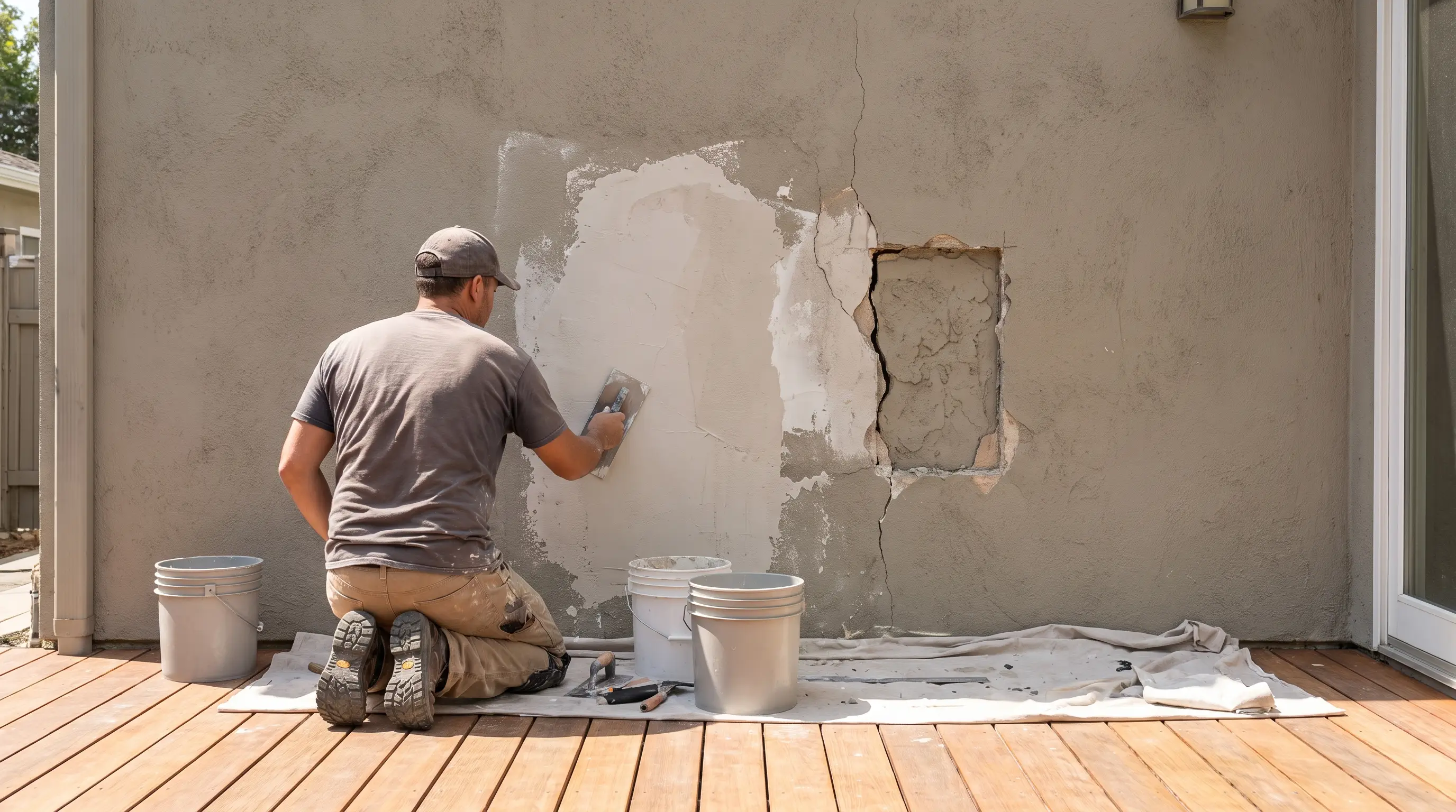 Crew refinishing and pressure washing on the job