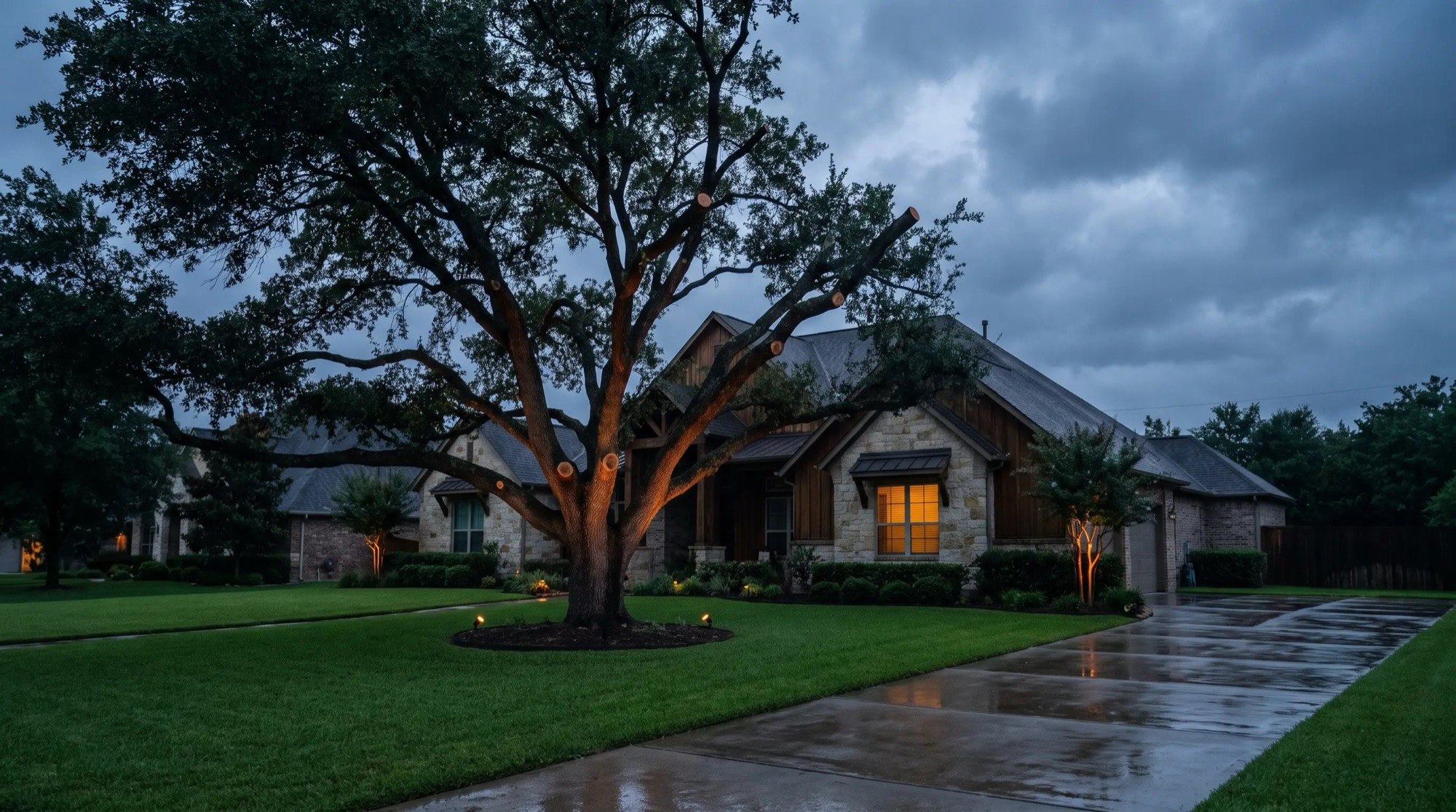Trimmed residential trees on a tidy property