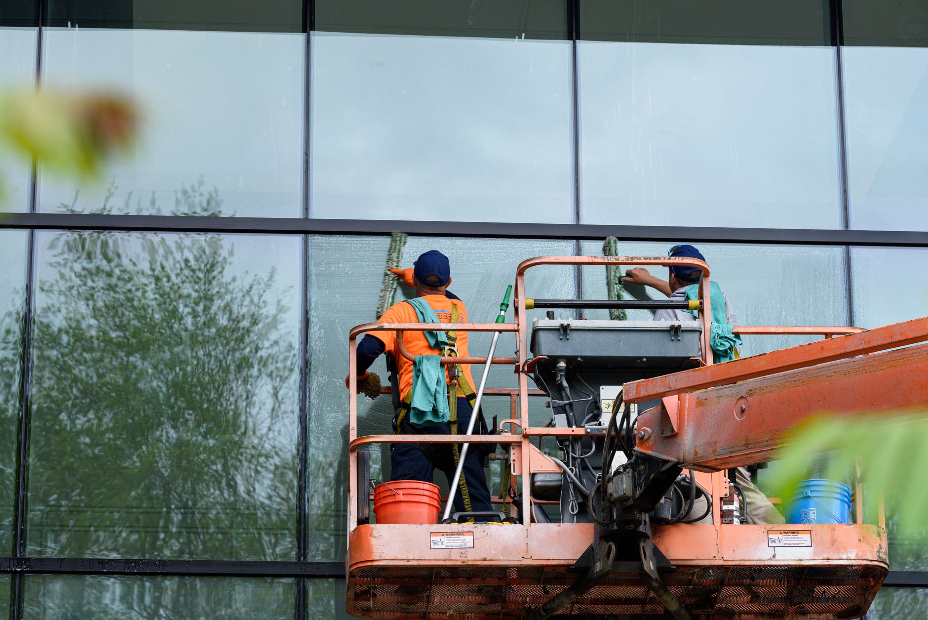 Commercial window cleaning in progress