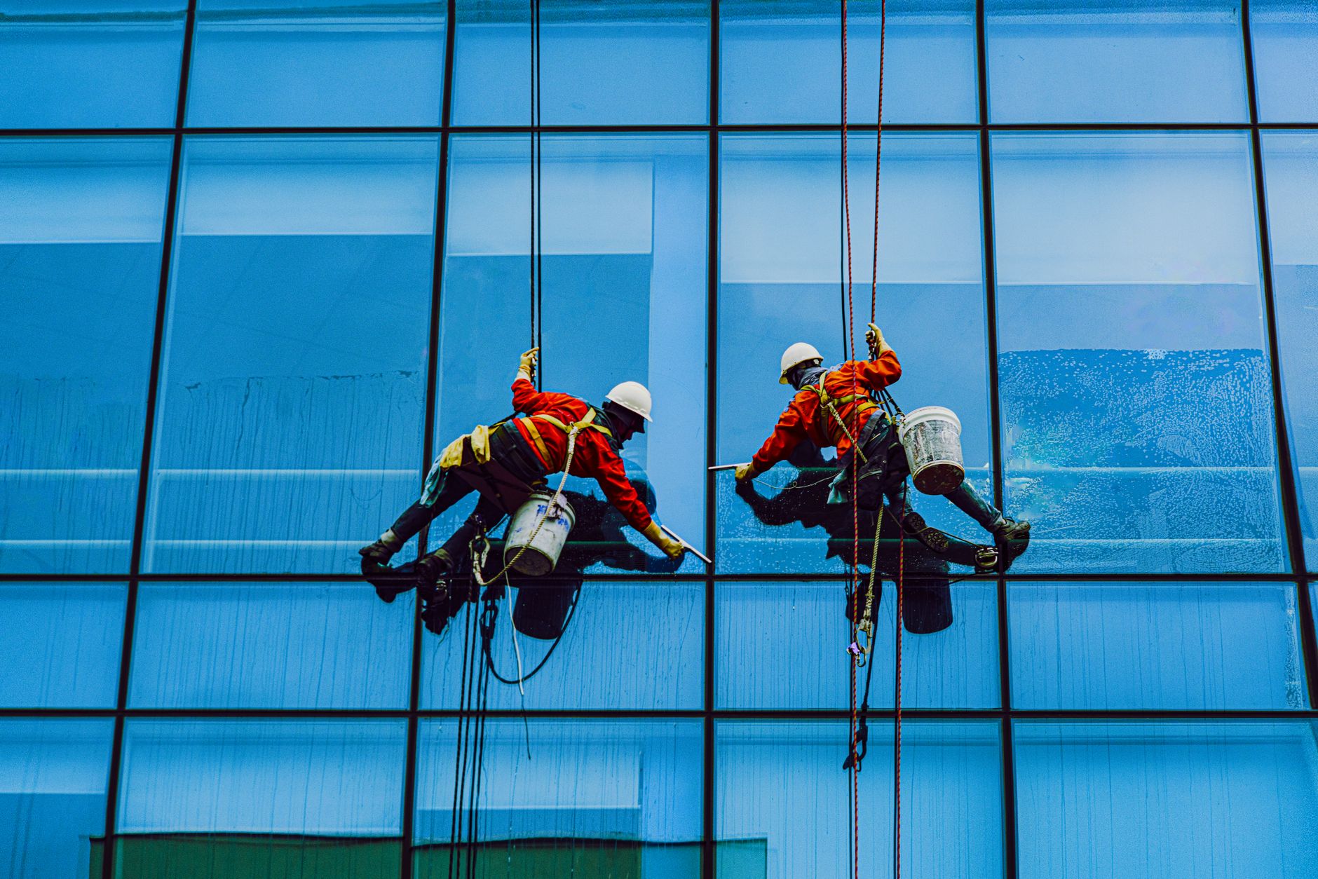 Crew cleaning windows on the job