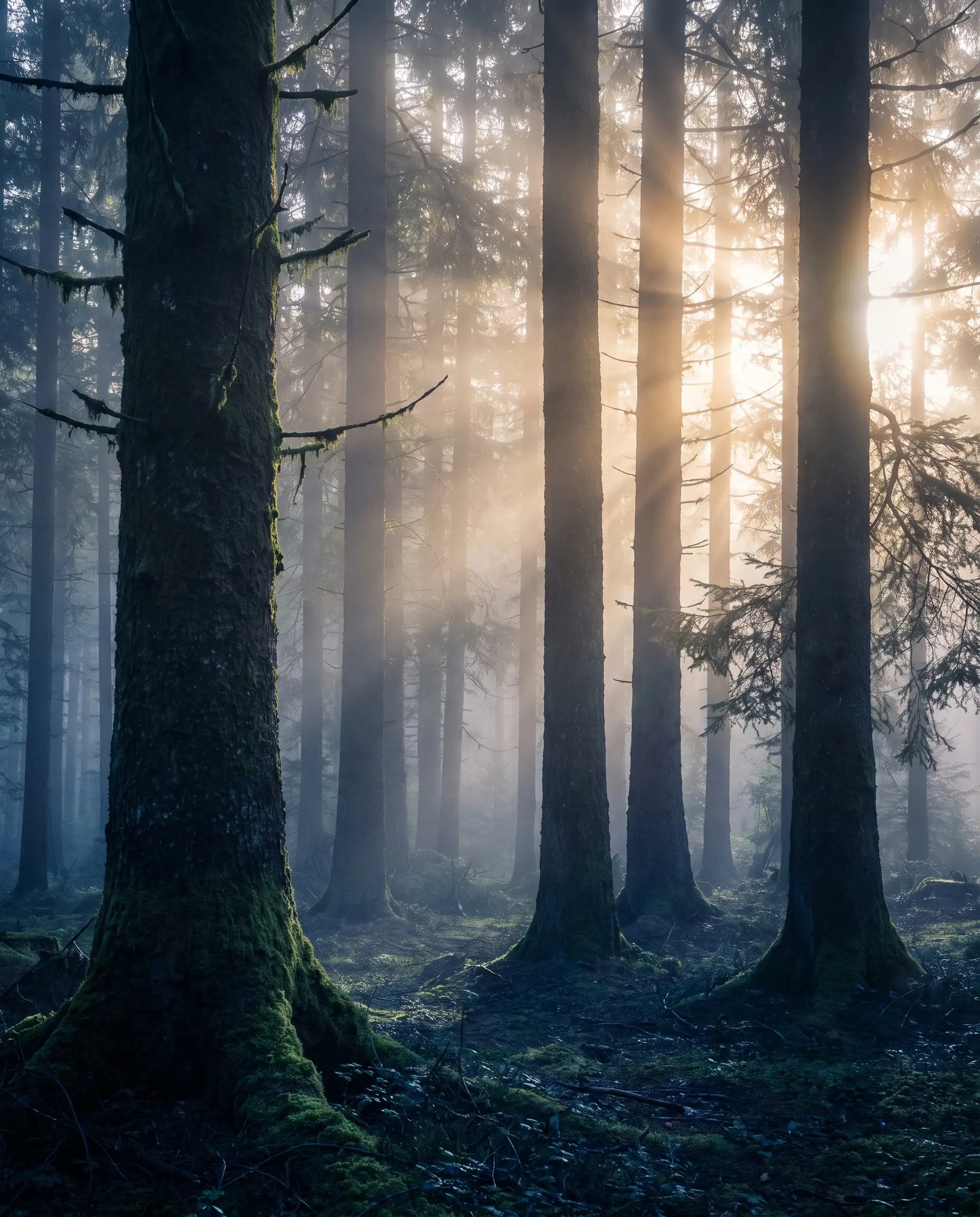 Ruhiger, nebelverhangener Wald bei Sonnenaufgang, ein Ort der Ruhe und Kraft