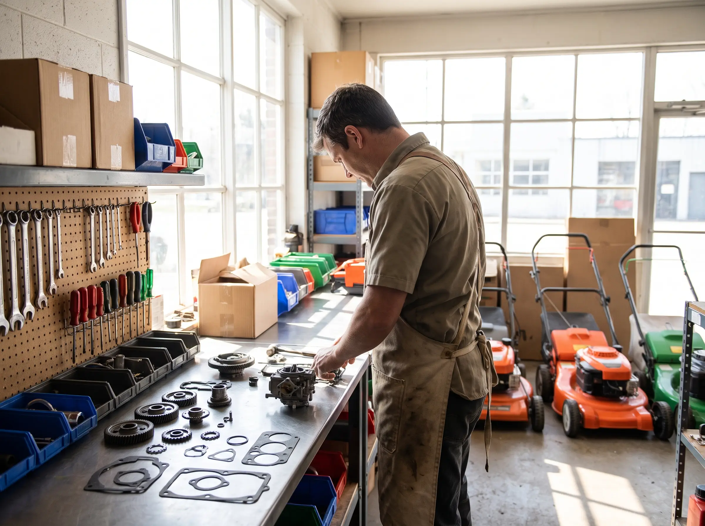 Lawn mower repair in the shop