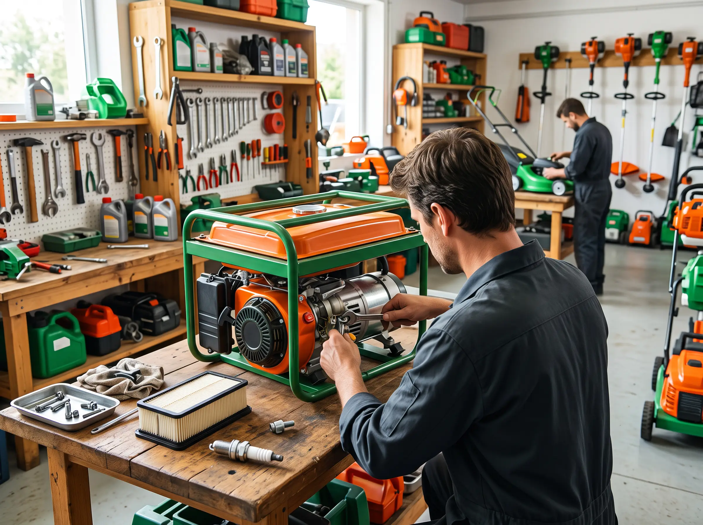 Commercial mower being serviced