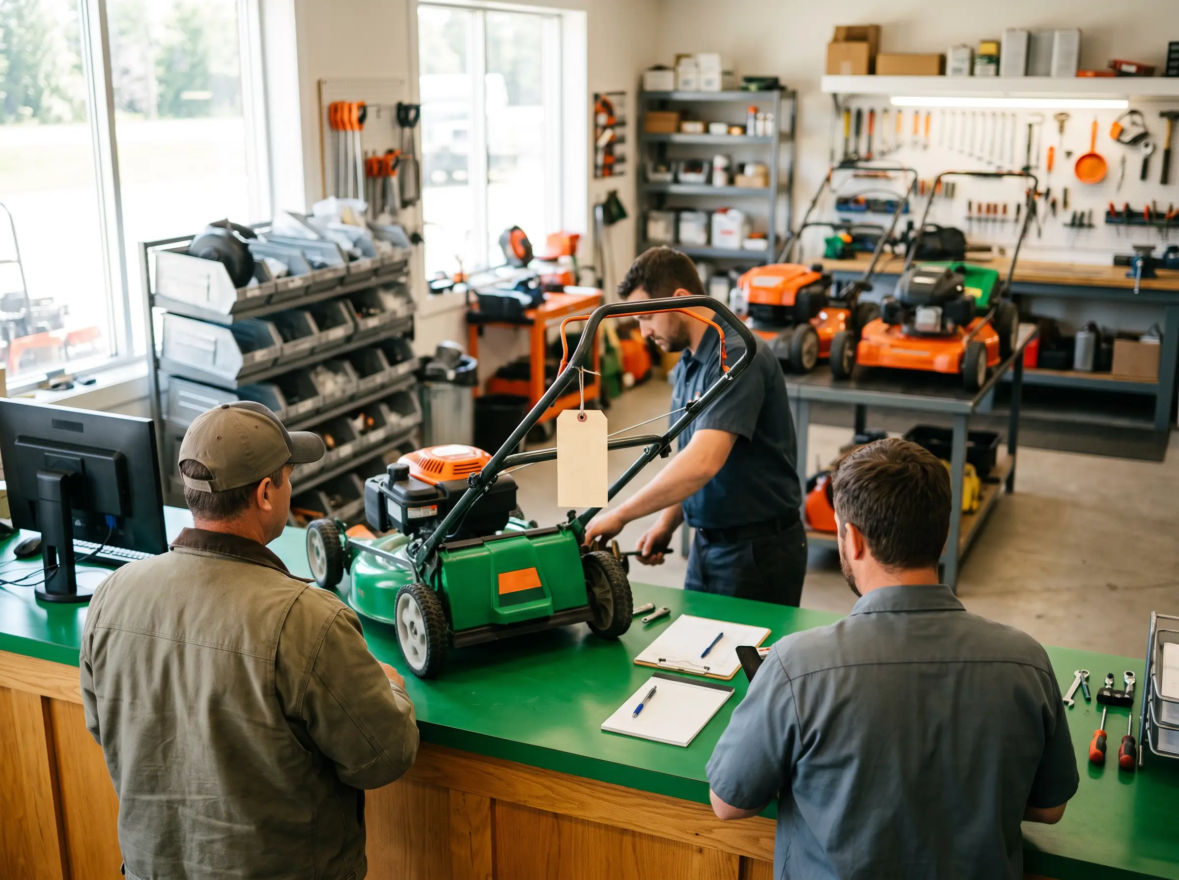 Commercial landscaping equipment being serviced