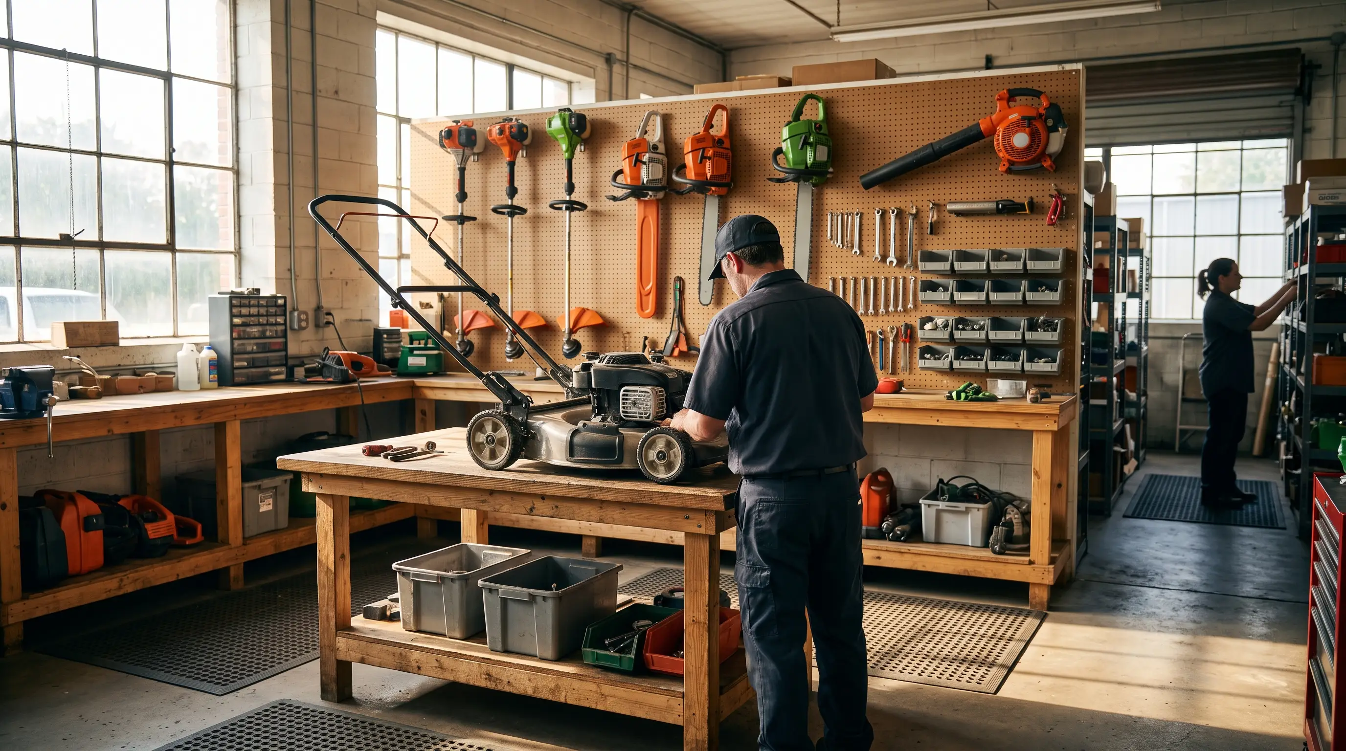 Small engine repair bench inside the shop