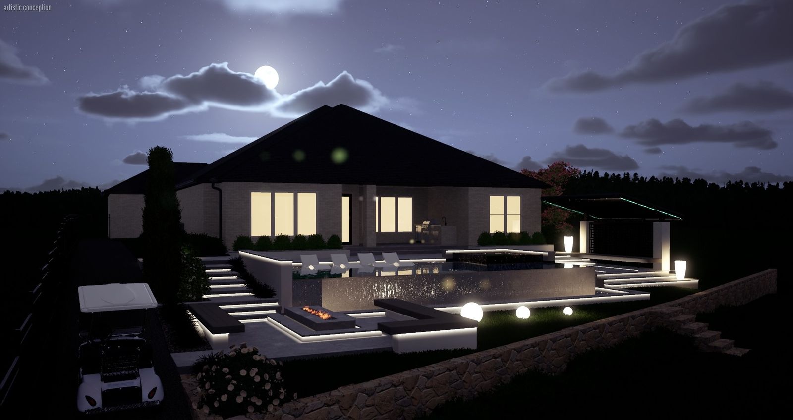 3D design of a lakefront pool lit at night