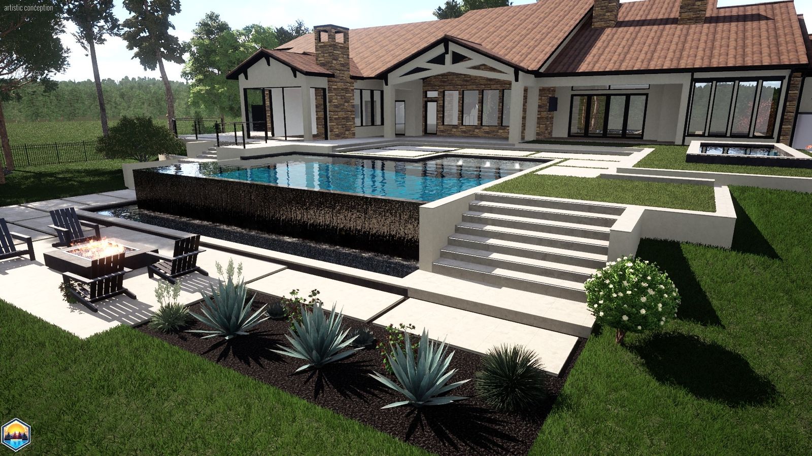 3D design, wide view of an infinity-edge pool and house