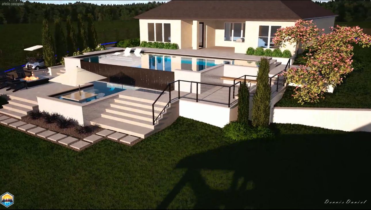 3D design of a lakefront pool with steps, deck and raised spa