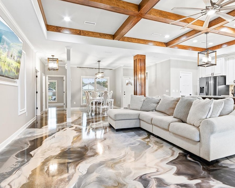 Metallic epoxy floor in a home's open living space