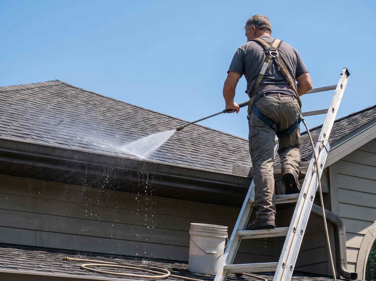 Commercial gutter cleaning in progress