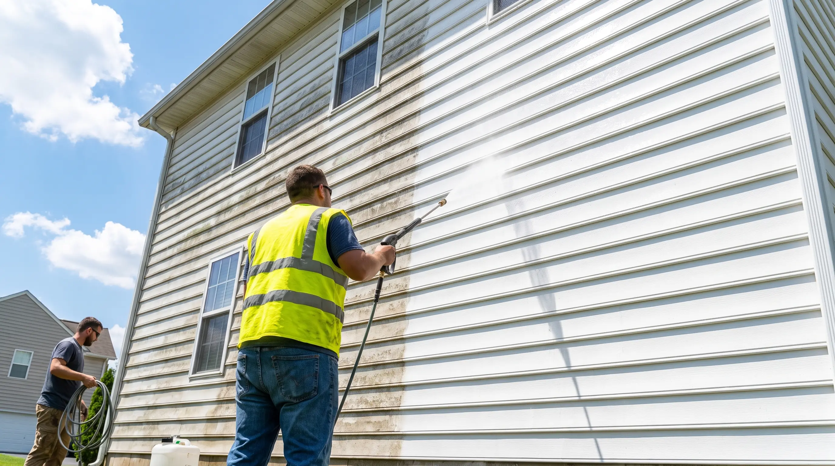 Crew pressure washing a home exterior