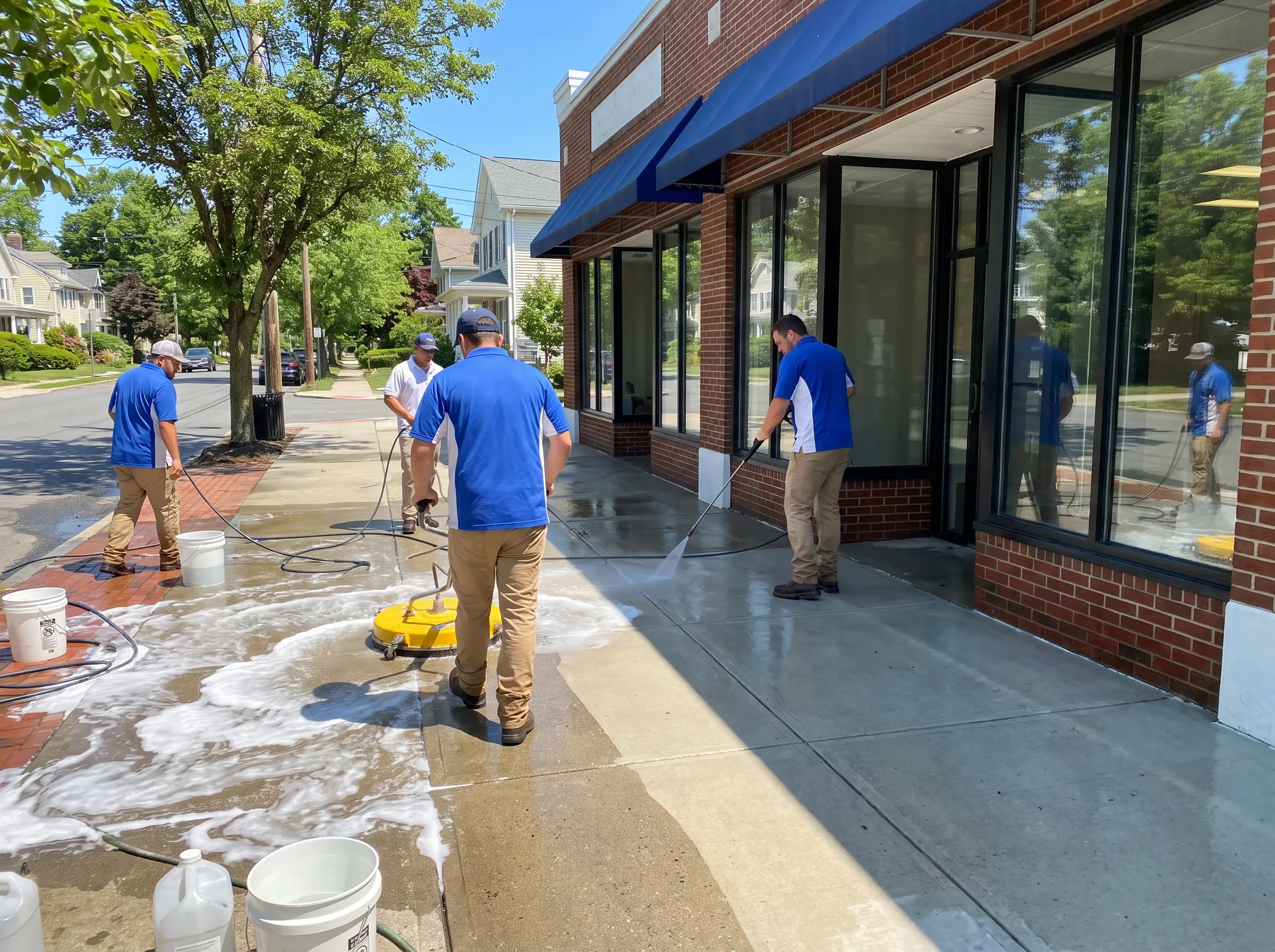 Crew washing a driveway