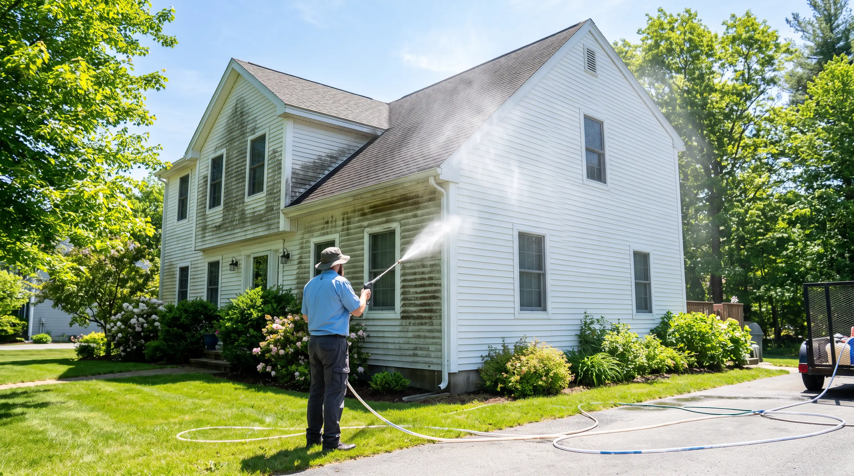 Crew pressure washing a concrete driveway