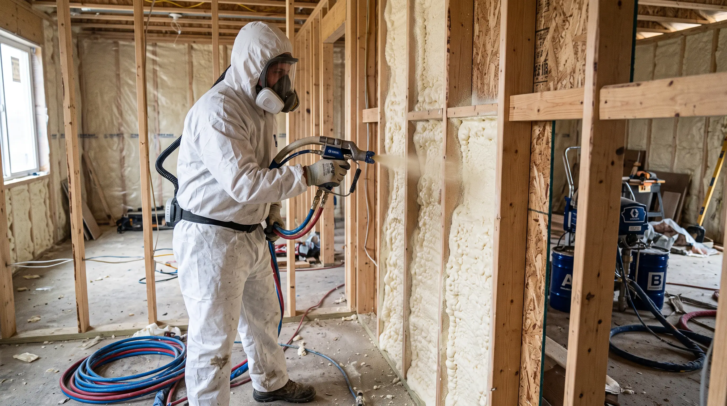Crew spraying foam on a jobsite