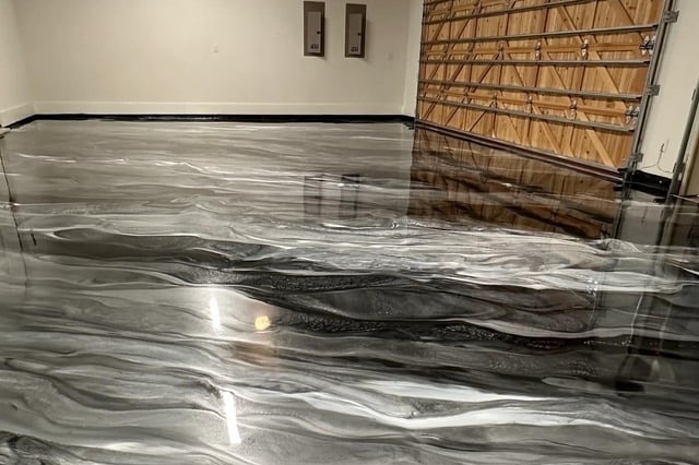 Metallic epoxy garage floor coating, freshly finished