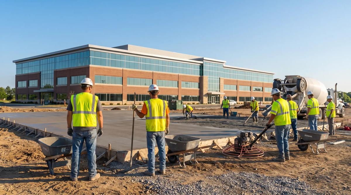 Concrete crew finishing a large slab with power trowels