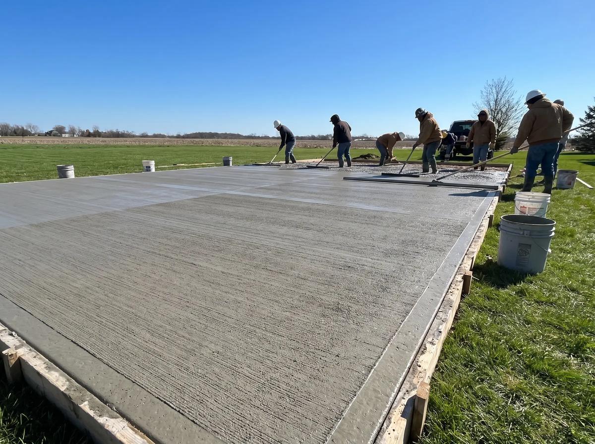 Crew placing and finishing a concrete slab