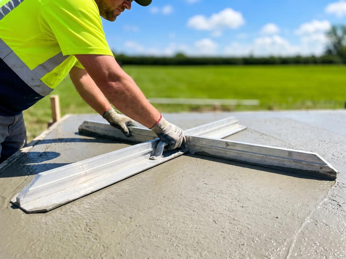Finisher screeding a fresh concrete slab