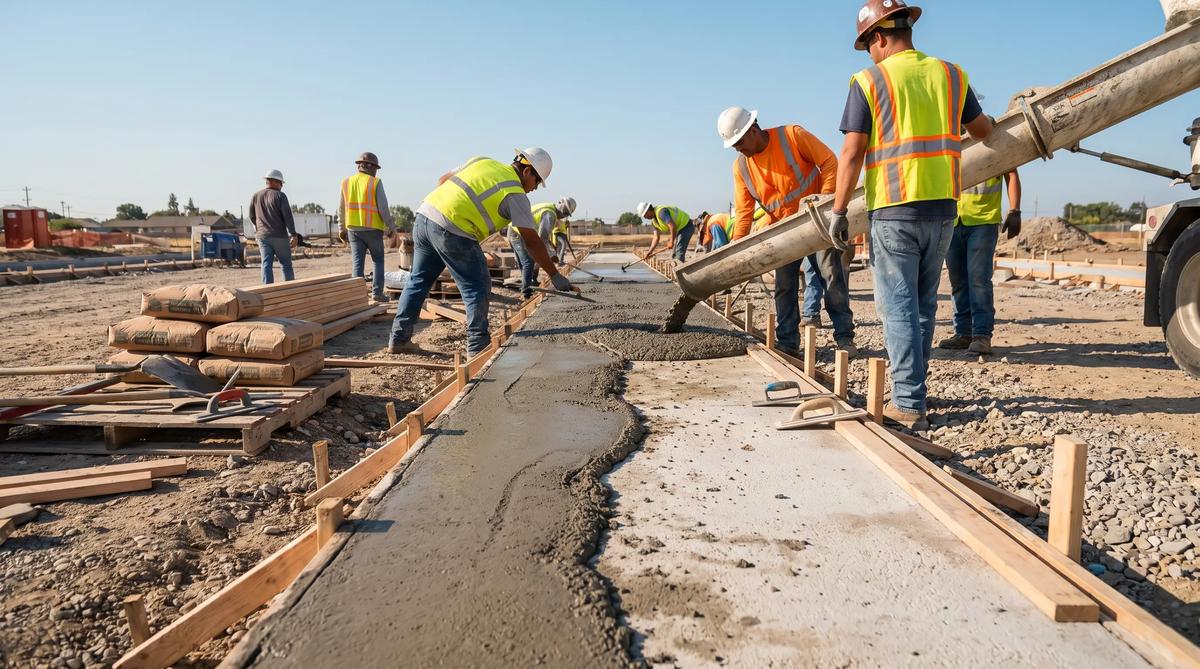 Crew pouring a formed concrete walkway