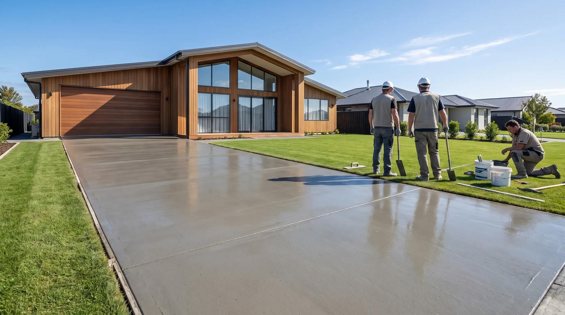 Freshly finished concrete driveway at a home